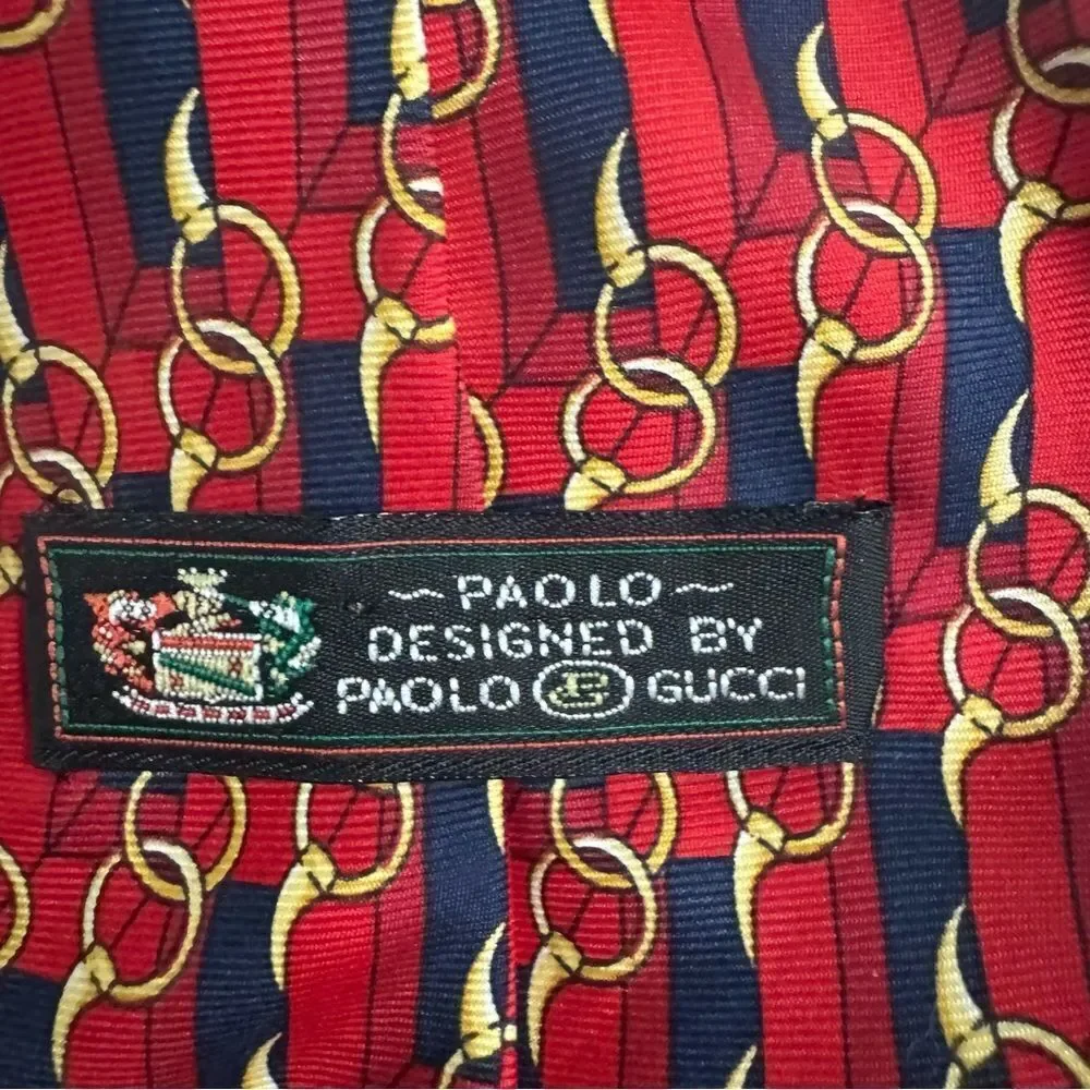 Vintage Paolo Gucci Red Navy Horse Bit Pattern Print Silk Made In Italy Tie